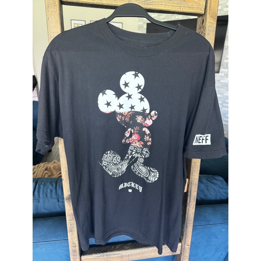 Disney x NEFF Mickey Mouse Floral Paisley Star Graphic T-Shirt Black Mens L